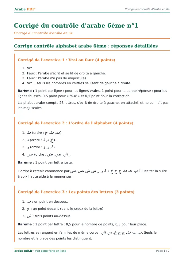 Corrigé du contrôle « Corrigé du contrôle d’arabe 6ème n°1 » en PDF