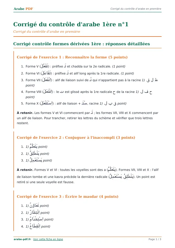 Corrigé du contrôle « Corrigé du contrôle d’arabe 1ère n°1 » en PDF