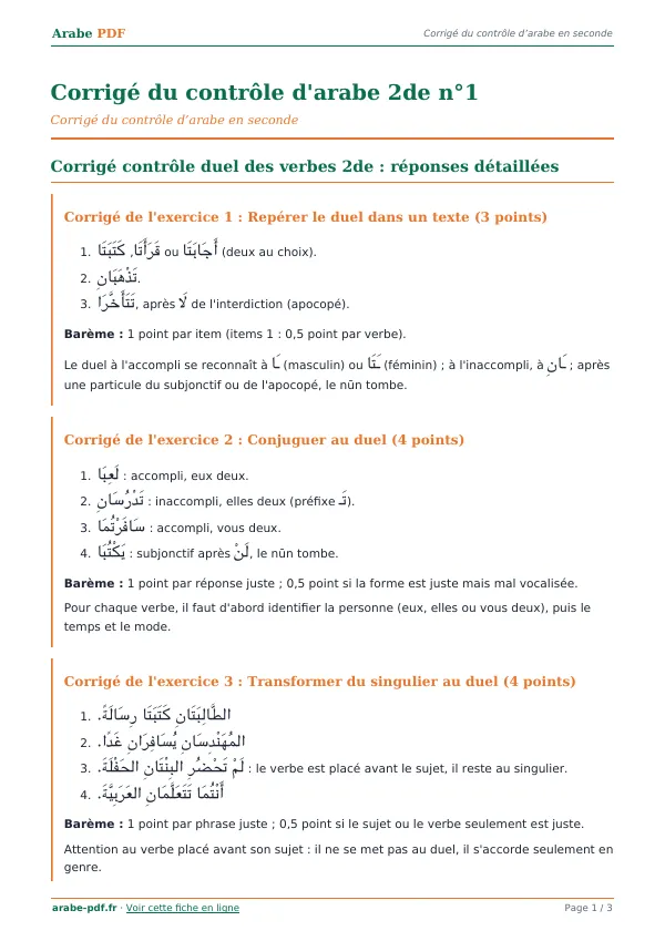 Corrigé du contrôle « Corrigé du contrôle d’arabe 2de n°1 » en PDF