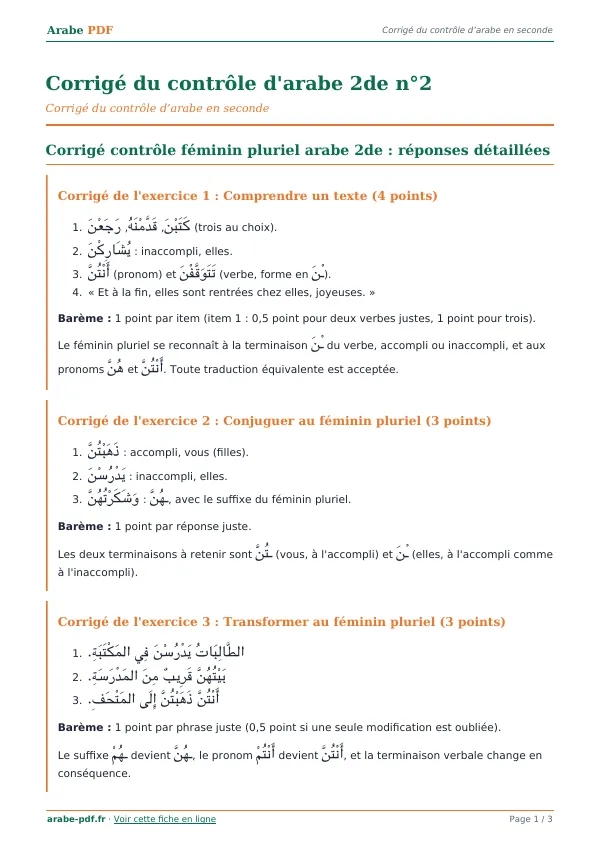 Corrigé du contrôle « Corrigé du contrôle d’arabe 2de n°2 » en PDF
