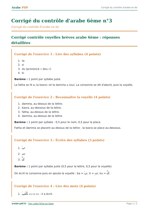 Corrigé du contrôle « Corrigé du contrôle d’arabe 6ème n°3 » en PDF