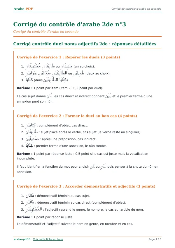 Corrigé du contrôle « Corrigé du contrôle d’arabe 2de n°3 » en PDF