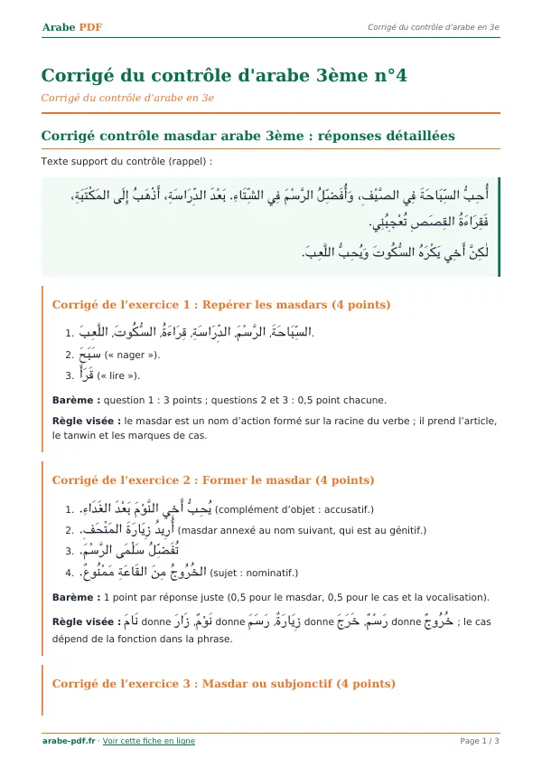 Corrigé du contrôle « Corrigé du contrôle d’arabe 3ème n°4 » en PDF