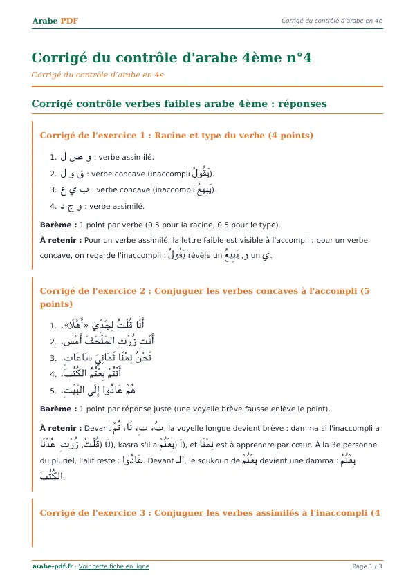 Corrigé du contrôle « Corrigé du contrôle d’arabe 4ème n°4 » en PDF