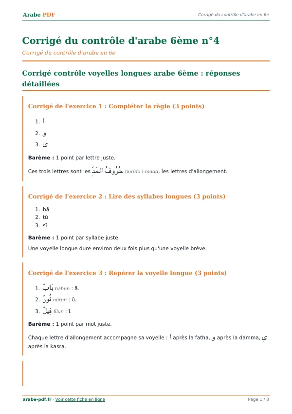 Corrigé du contrôle « Corrigé du contrôle d’arabe 6ème n°4 » en PDF