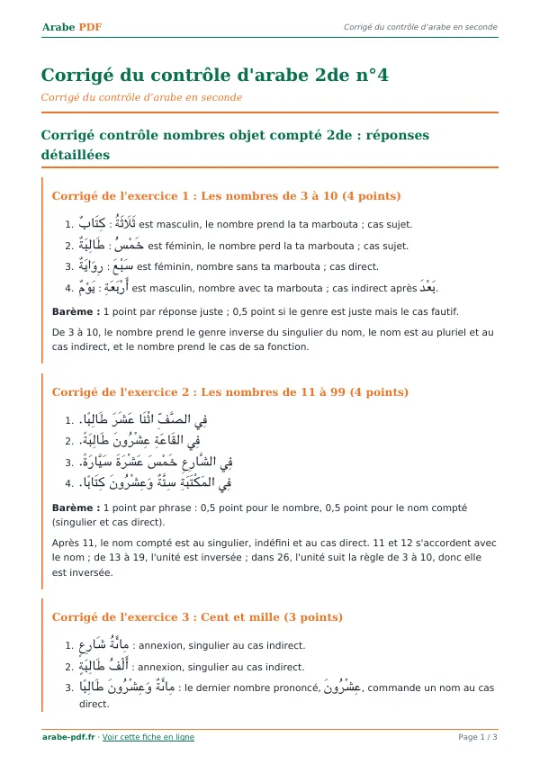 Corrigé du contrôle « Corrigé du contrôle d’arabe 2de n°4 » en PDF