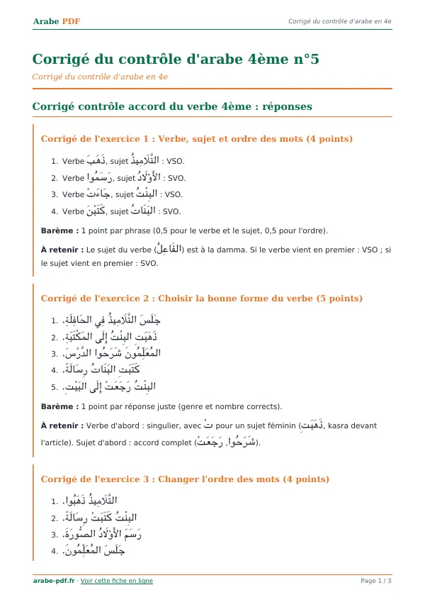 Corrigé du contrôle « Corrigé du contrôle d’arabe 4ème n°5 » en PDF