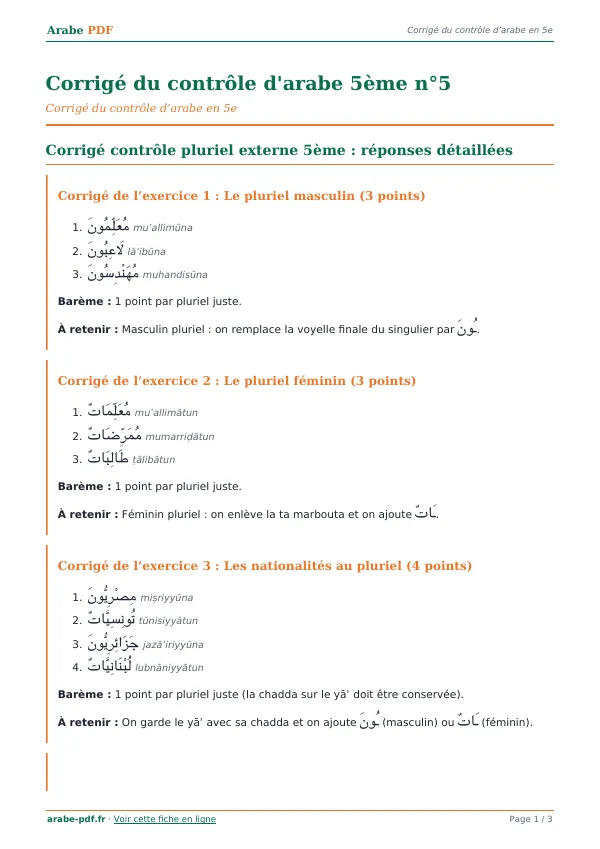 Corrigé du contrôle « Corrigé du contrôle d’arabe 5ème n°5 » en PDF