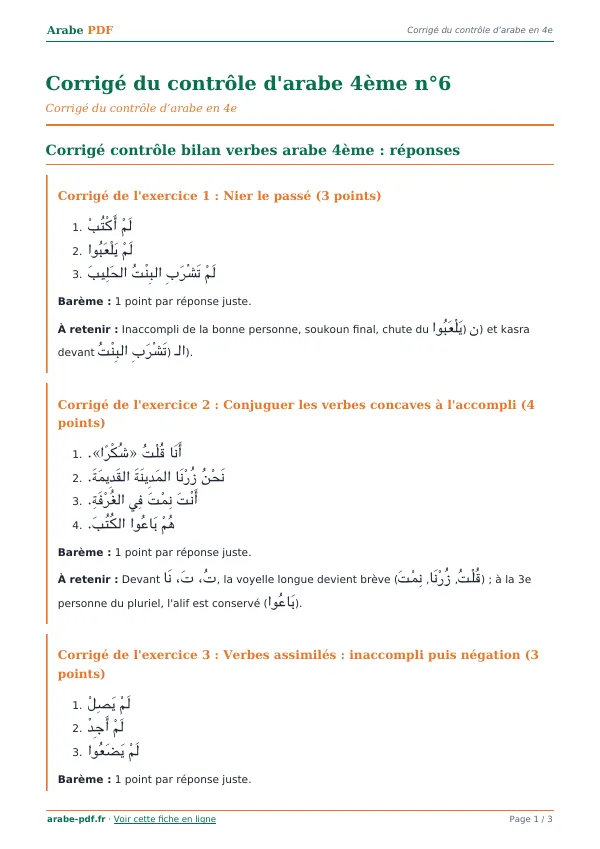 Corrigé du contrôle « Corrigé du contrôle d’arabe 4ème n°6 » en PDF