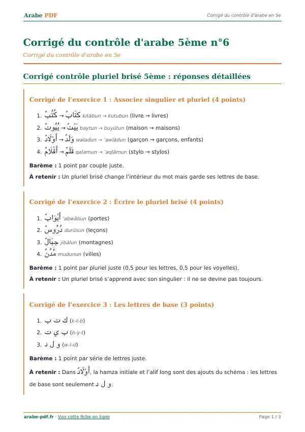 Corrigé du contrôle « Corrigé du contrôle d’arabe 5ème n°6 » en PDF