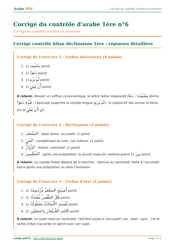 Corrigé du contrôle « Corrigé du contrôle d’arabe 1ère n°6 » en PDF