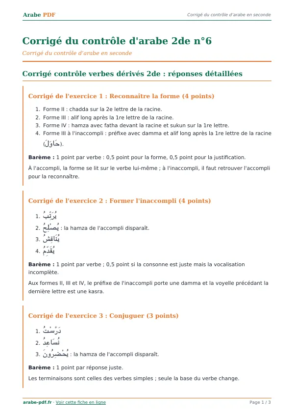 Corrigé du contrôle « Corrigé du contrôle d’arabe 2de n°6 » en PDF
