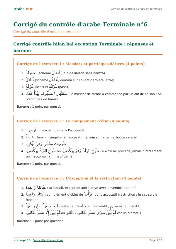Corrigé du contrôle « Corrigé du contrôle d’arabe Terminale n°6 » en PDF