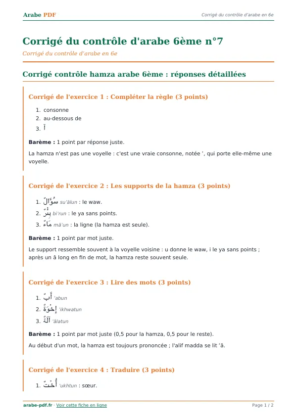 Corrigé du contrôle « Corrigé du contrôle d’arabe 6ème n°7 » en PDF