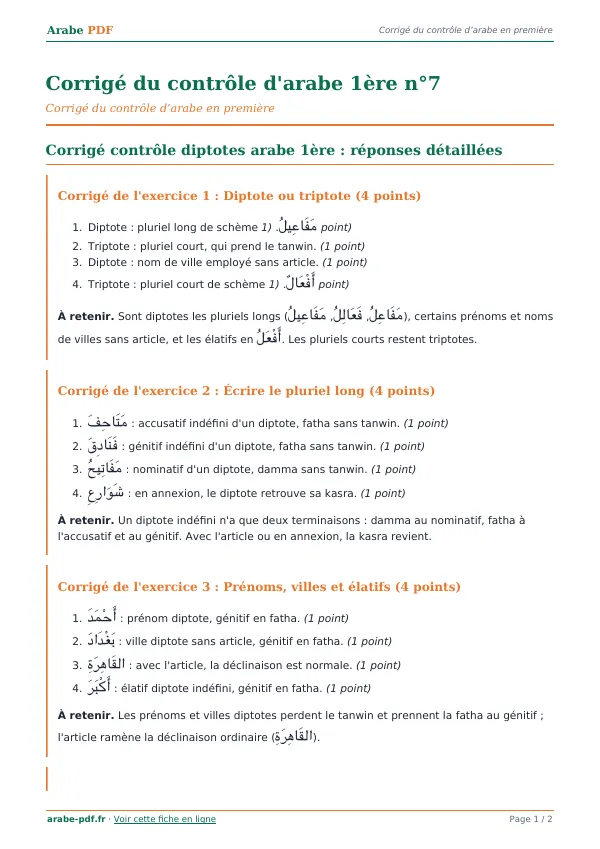 Corrigé du contrôle « Corrigé du contrôle d’arabe 1ère n°7 » en PDF