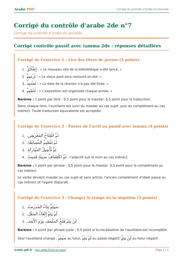 Corrigé du contrôle « Corrigé du contrôle d’arabe 2de n°7 » en PDF