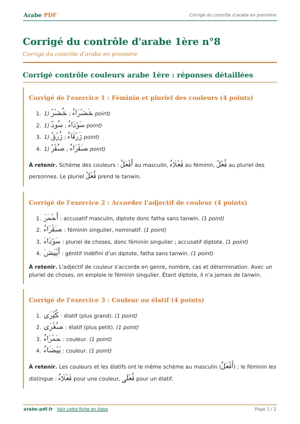 Corrigé du contrôle « Corrigé du contrôle d’arabe 1ère n°8 » en PDF
