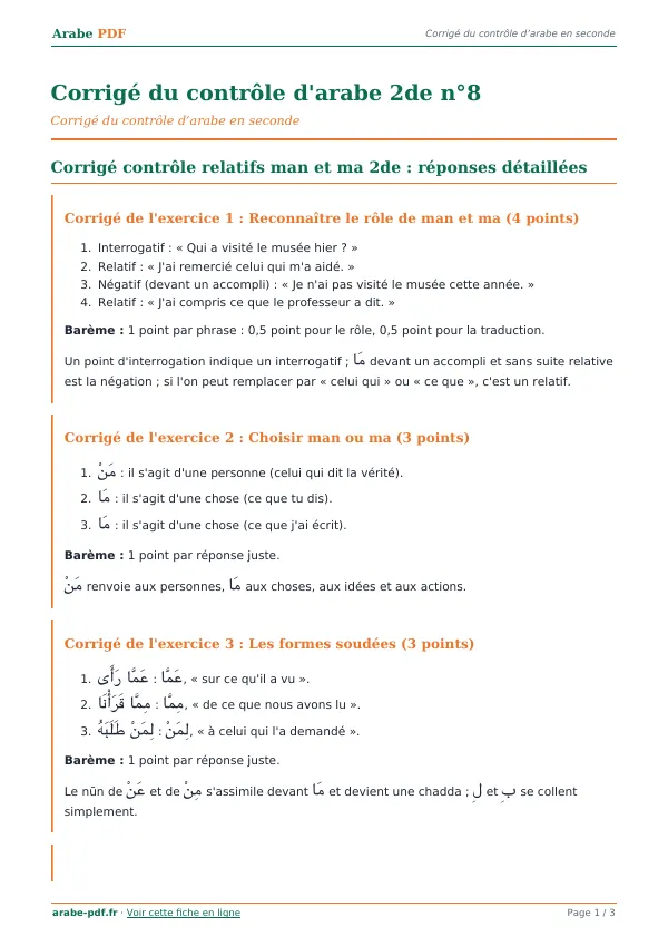 Corrigé du contrôle « Corrigé du contrôle d’arabe 2de n°8 » en PDF