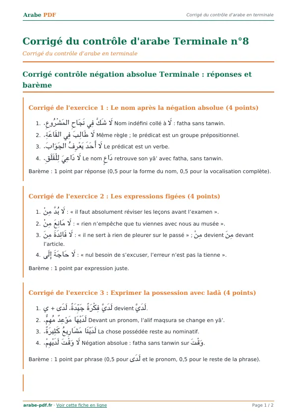 Corrigé du contrôle « Corrigé du contrôle d’arabe Terminale n°8 » en PDF