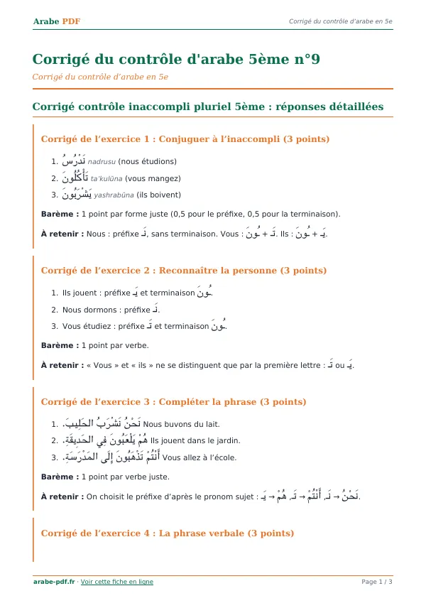 Corrigé du contrôle « Corrigé du contrôle d’arabe 5ème n°9 » en PDF