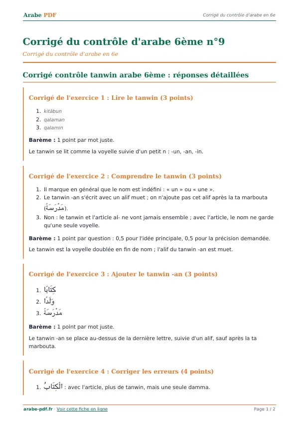 Corrigé du contrôle « Corrigé du contrôle d’arabe 6ème n°9 » en PDF
