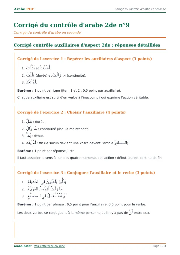 Corrigé du contrôle « Corrigé du contrôle d’arabe 2de n°9 » en PDF