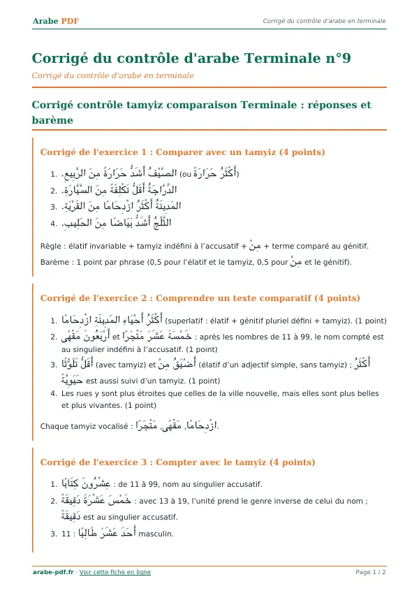 Corrigé du contrôle « Corrigé du contrôle d’arabe Terminale n°9 » en PDF
