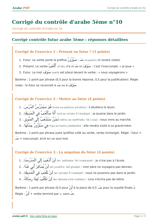 Corrigé du contrôle « Corrigé du contrôle d’arabe 5ème n°10 » en PDF