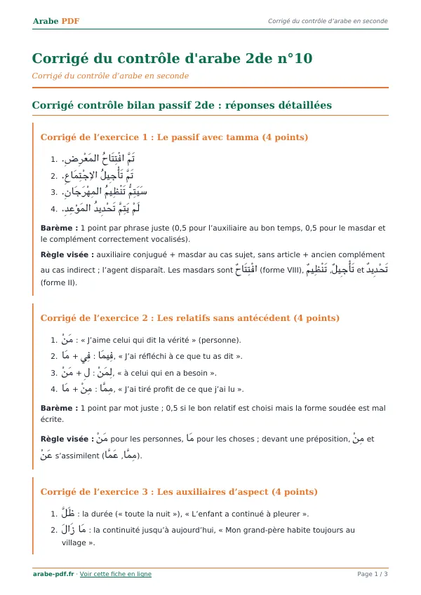Corrigé du contrôle « Corrigé du contrôle d’arabe 2de n°10 » en PDF
