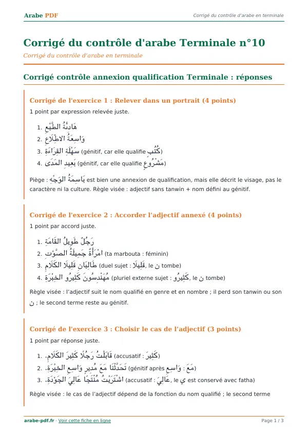 Corrigé du contrôle « Corrigé du contrôle d’arabe Terminale n°10 » en PDF