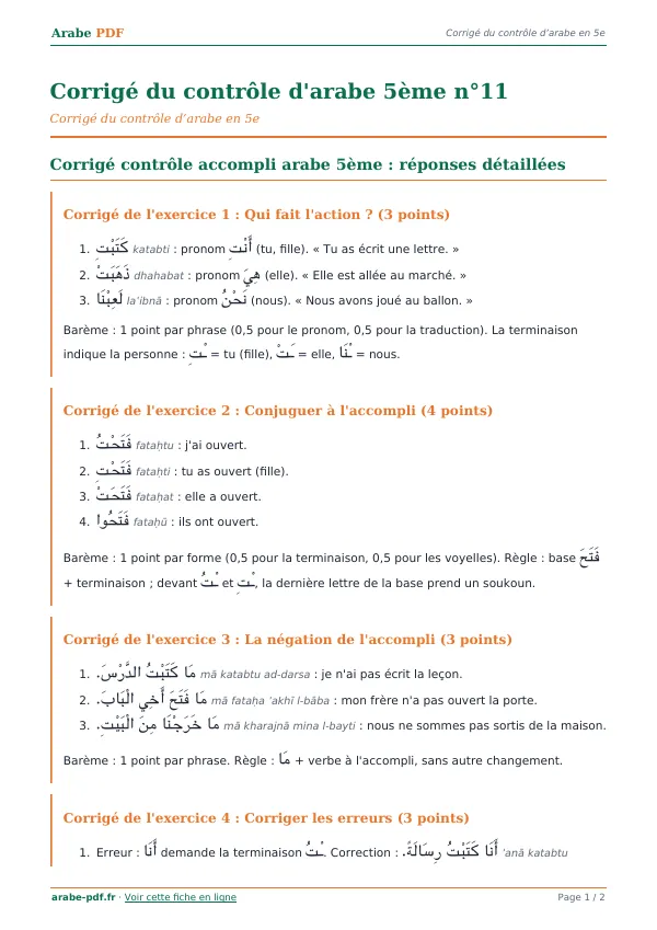 Corrigé du contrôle « Corrigé du contrôle d’arabe 5ème n°11 » en PDF