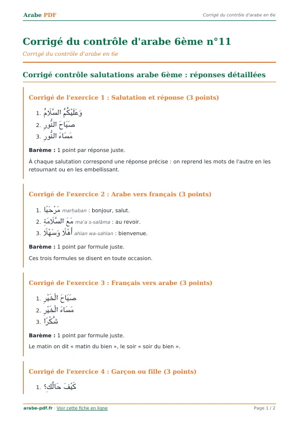 Corrigé du contrôle « Corrigé du contrôle d’arabe 6ème n°11 » en PDF