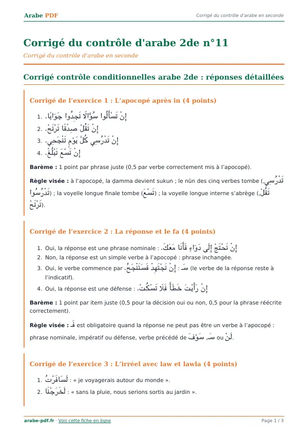 Corrigé du contrôle « Corrigé du contrôle d’arabe 2de n°11 » en PDF
