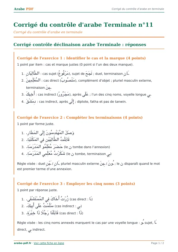 Corrigé du contrôle « Corrigé du contrôle d’arabe Terminale n°11 » en PDF
