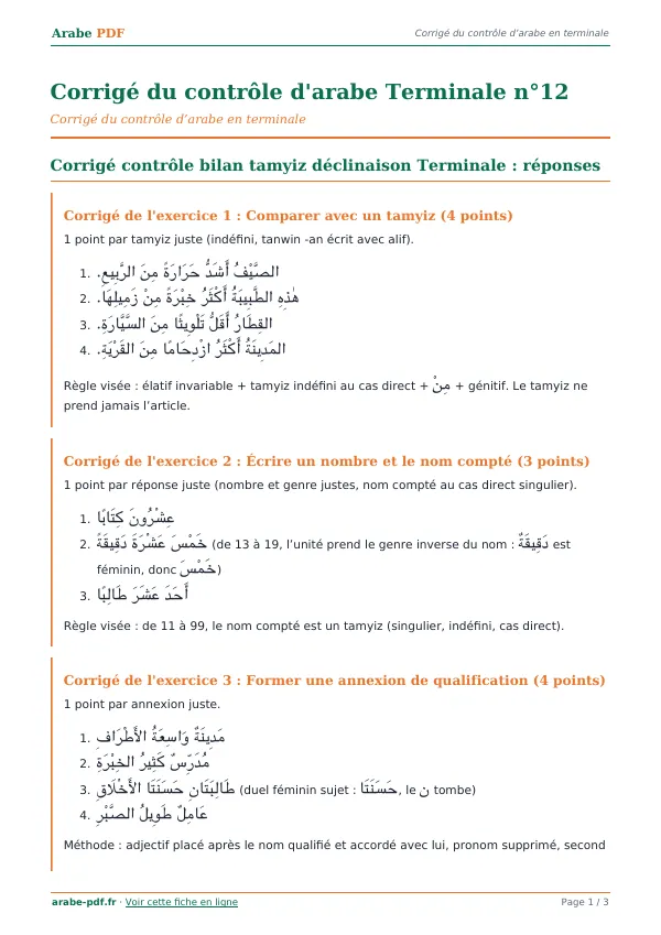 Corrigé du contrôle « Corrigé du contrôle d’arabe Terminale n°12 » en PDF