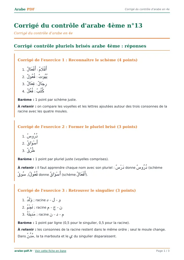 Corrigé du contrôle « Corrigé du contrôle d’arabe 4ème n°13 » en PDF