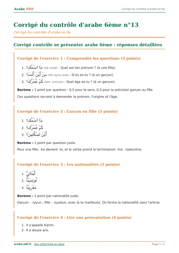 Corrigé du contrôle « Corrigé du contrôle d’arabe 6ème n°13 » en PDF