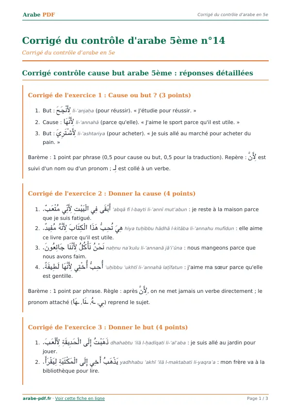 Corrigé du contrôle « Corrigé du contrôle d’arabe 5ème n°14 » en PDF