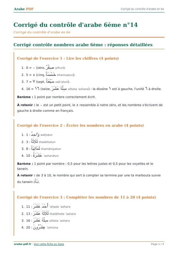 Corrigé du contrôle « Corrigé du contrôle d’arabe 6ème n°14 » en PDF
