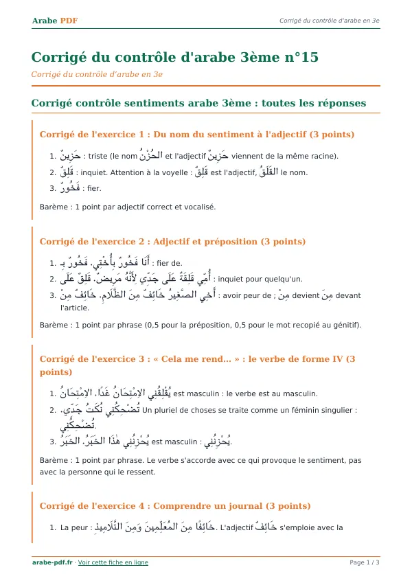 Corrigé du contrôle « Corrigé du contrôle d’arabe 3ème n°15 » en PDF