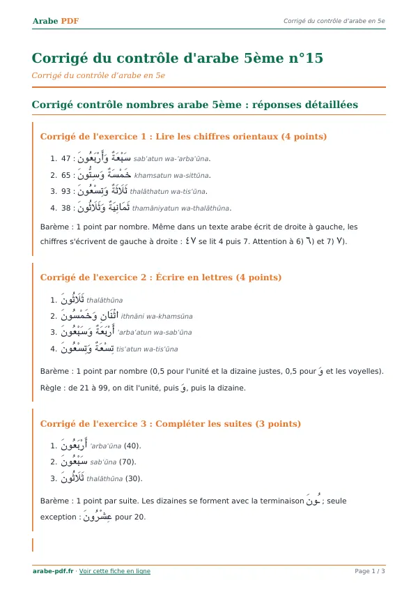 Corrigé du contrôle « Corrigé du contrôle d’arabe 5ème n°15 » en PDF
