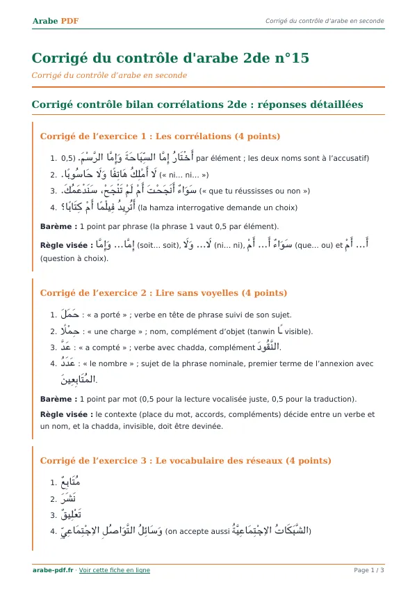 Corrigé du contrôle « Corrigé du contrôle d’arabe 2de n°15 » en PDF