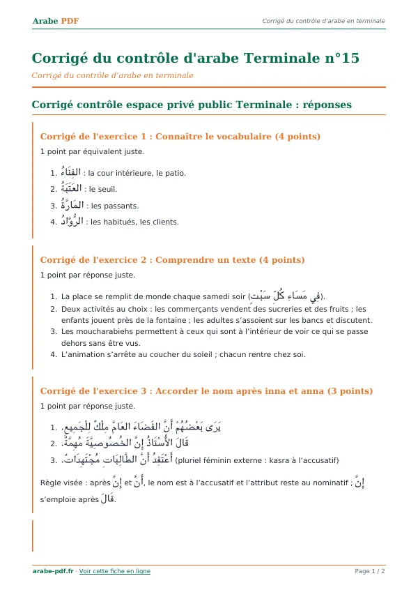 Corrigé du contrôle « Corrigé du contrôle d’arabe Terminale n°15 » en PDF