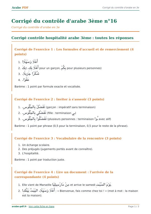 Corrigé du contrôle « Corrigé du contrôle d’arabe 3ème n°16 » en PDF