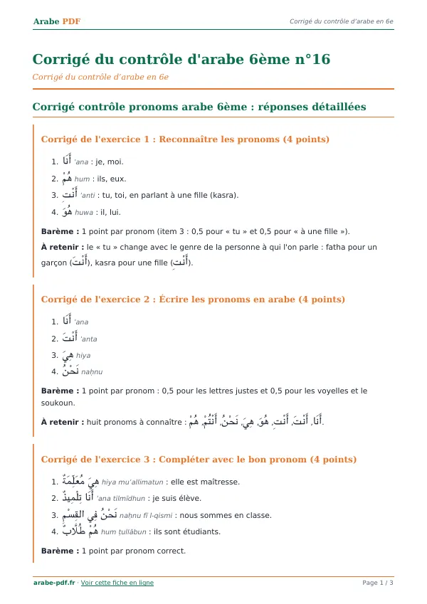 Corrigé du contrôle « Corrigé du contrôle d’arabe 6ème n°16 » en PDF