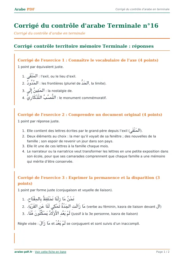 Corrigé du contrôle « Corrigé du contrôle d’arabe Terminale n°16 » en PDF