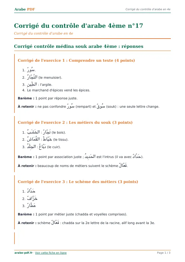 Corrigé du contrôle « Corrigé du contrôle d’arabe 4ème n°17 » en PDF