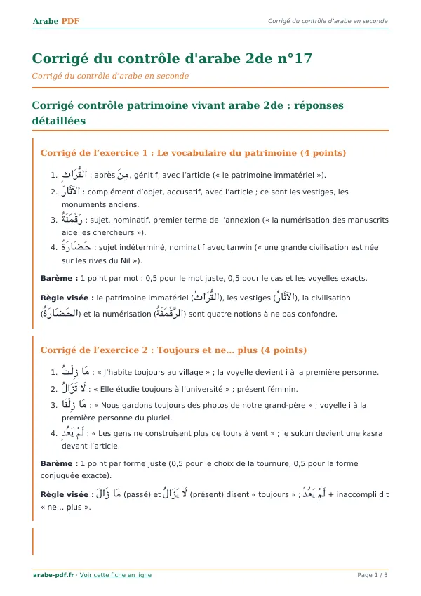 Corrigé du contrôle « Corrigé du contrôle d’arabe 2de n°17 » en PDF