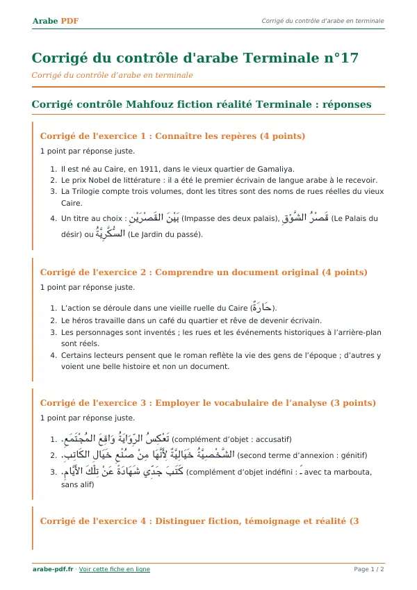Corrigé du contrôle « Corrigé du contrôle d’arabe Terminale n°17 » en PDF