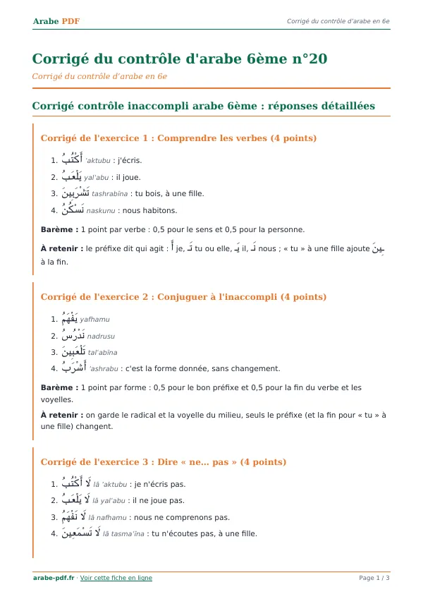 Corrigé du contrôle « Corrigé du contrôle d’arabe 6ème n°20 » en PDF